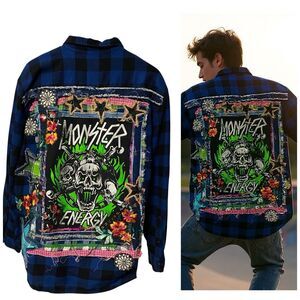 Upcycled Flannel Shirt Shacket Womens 1X Monster Grunge Patchwork Folk Art